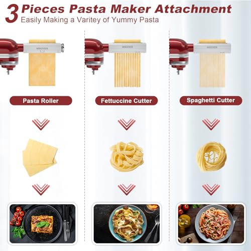 MIKESIER 3 Pieces Pasta Maker Attachment for Kitchenaid Stand Mixers, Noodle Maker 3 PCs Set of Pasta Roller Fettuccine Cutter Spaghetti Cutter, Pasta Attachments Accessories with Cleaning Brush - Image 2