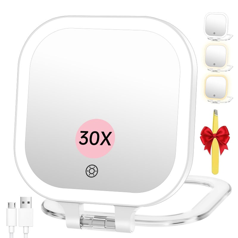 FASCINATE Rechargeable Travel Makeup Mirror 30X Magnification, 7" Lighted Portable Vanity Mirror with 3 Colors Lighting & Stepless Dimming, Double Sided LED Mirror, Gift for Women (White) - Image 1