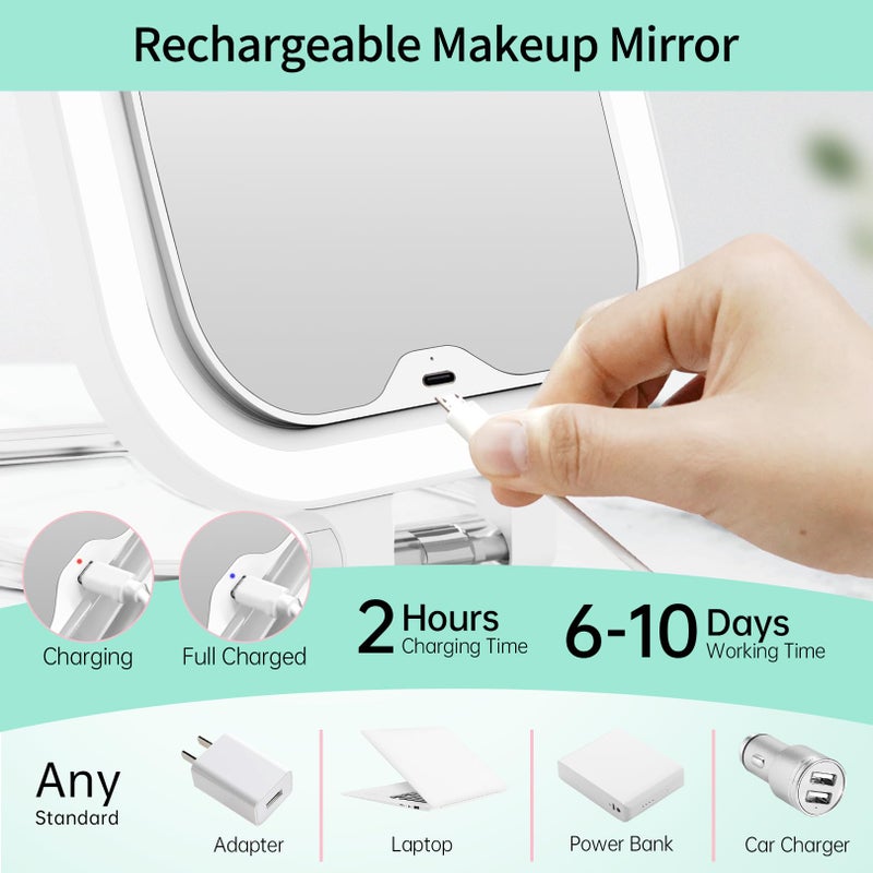 FASCINATE Rechargeable Travel Makeup Mirror 30X Magnification, 7" Lighted Portable Vanity Mirror with 3 Colors Lighting & Stepless Dimming, Double Sided LED Mirror, Gift for Women (White) - Image 5