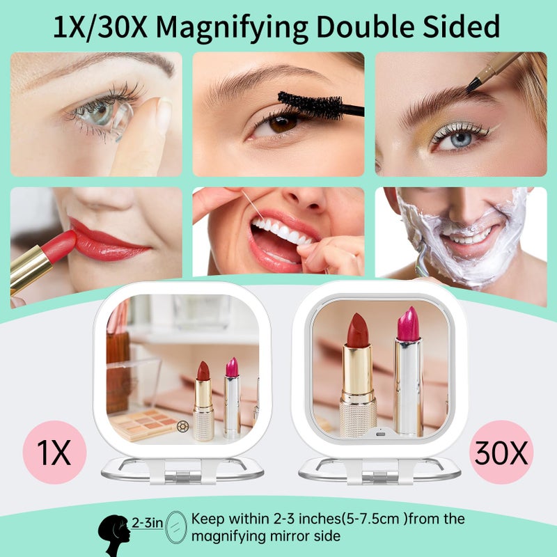 FASCINATE Rechargeable Travel Makeup Mirror 30X Magnification, 7" Lighted Portable Vanity Mirror with 3 Colors Lighting & Stepless Dimming, Double Sided LED Mirror, Gift for Women (White) - Image 3