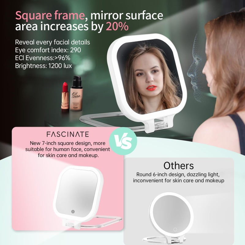 FASCINATE Rechargeable Travel Makeup Mirror 30X Magnification, 7" Lighted Portable Vanity Mirror with 3 Colors Lighting & Stepless Dimming, Double Sided LED Mirror, Gift for Women (White) - Image 2