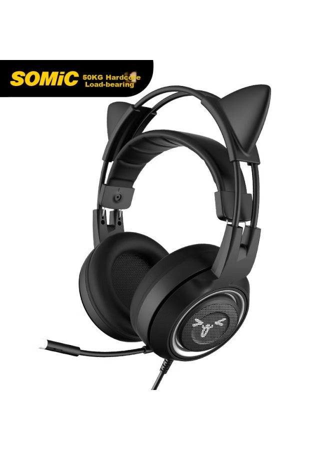 Somic G951s Balck Cute Cat Ear Headset, 3d Stereo Wired Gaming Headphones, Wired Pubg Headset With Microphone, Stylish In Pink, Black And Purple-gree - Image 1