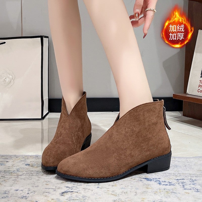 Pointed V-Mouth Thick Heel And Naked Boots Plus Velvet Plus Size Zipper Short Boots - Image 3