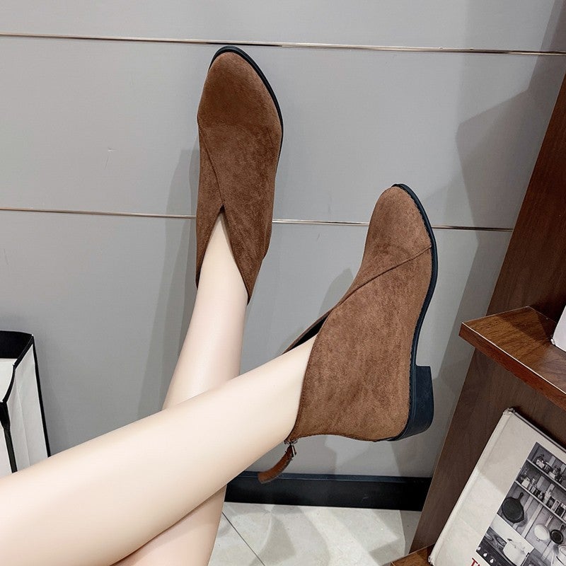 Pointed V-Mouth Thick Heel And Naked Boots Plus Velvet Plus Size Zipper Short Boots - Image 1