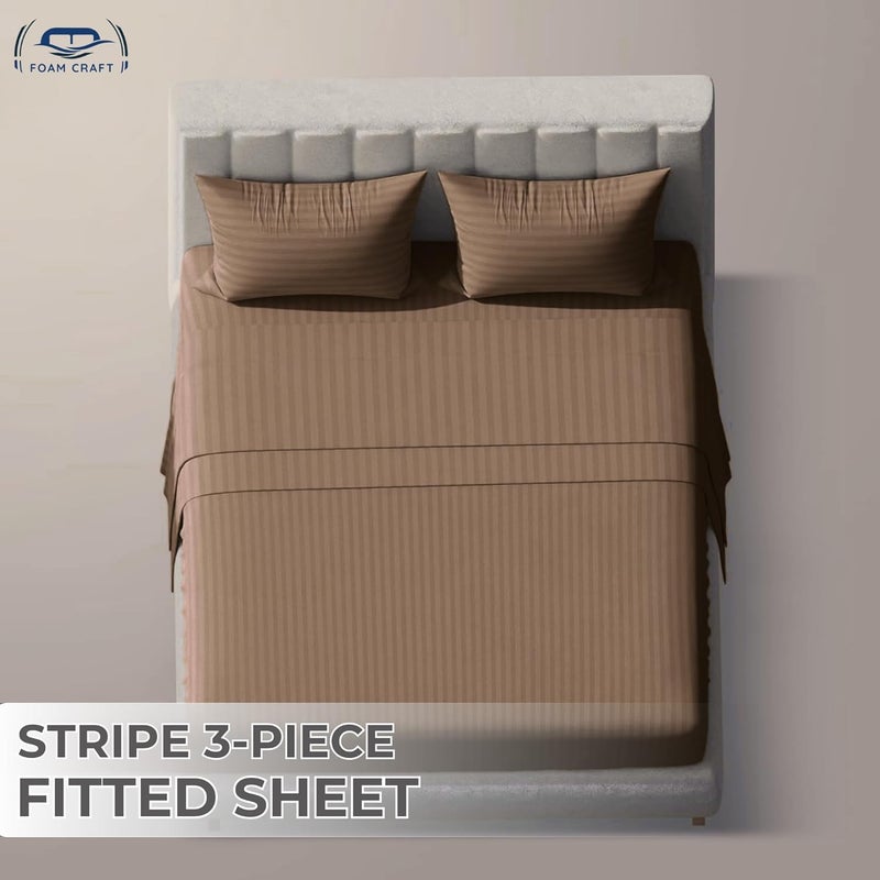 FOAM CRAFT Queen Size Striped Cotton Fitted Bed Sheet Set - 3 Piece with 300 Thread Count (Brown, 150 x 200cm) - Image 3