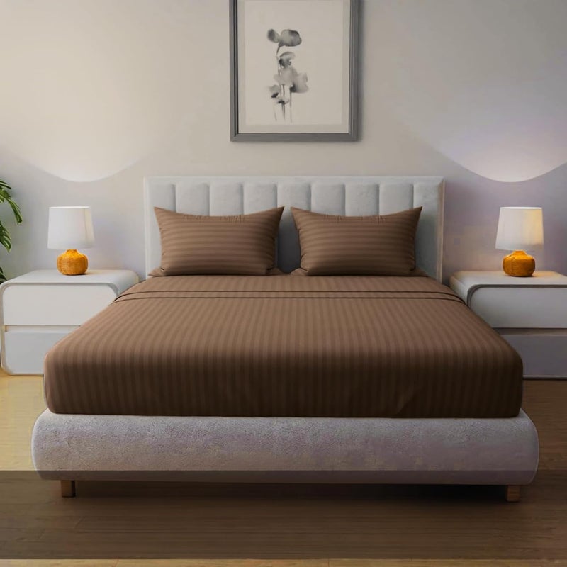 FOAM CRAFT Queen Size Striped Cotton Fitted Bed Sheet Set - 3 Piece with 300 Thread Count (Brown, 150 x 200cm) - Image 1