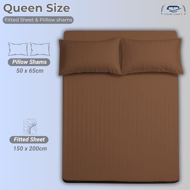 FOAM CRAFT Queen Size Striped Cotton Fitted Bed Sheet Set - 3 Piece with 300 Thread Count (Brown, 150 x 200cm) - Image 2