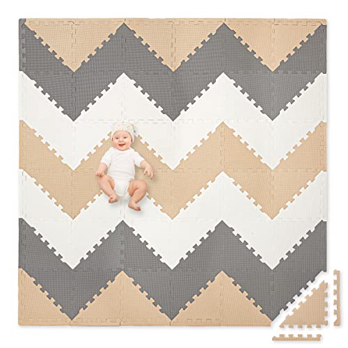 Play Platoon NonToxic ExtraThick 96 Piece Triangle Play Mat  Comfortable 6x6ft Cushiony Foam Floor Puzzle Exercise Mat for Kids  Toddlers  Sand Gray  Cream - Image 1