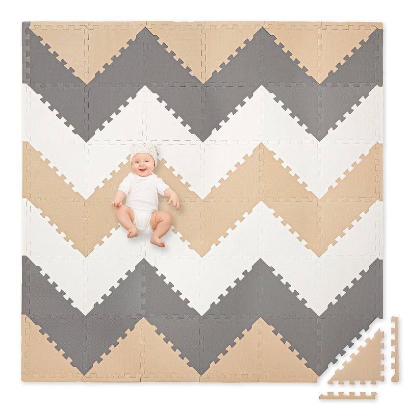 Play Platoon NonToxic ExtraThick 96 Piece Triangle Play Mat  Comfortable 6x6ft Cushiony Foam Floor Puzzle Exercise Mat for Kids  Toddlers  Sand Gray  Cream - Image 2