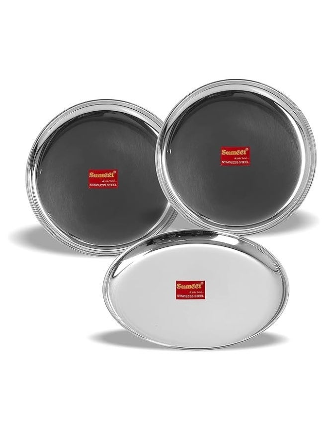 Sumeet Stainless Steel Heavy Gauge Shallow Dinner Plates with Mirror Finish 28.3cm Dia - Set of 3pc - Image 1
