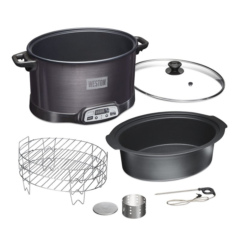 WESTON BRANDS 2in1 Indoor Electric Smoker Programmable Slow Cooker 6 Quart With 3Tier Smoking Rack for Meat Cheese and More Dishwasher Safe Crock Temperature Probe Black 032500W
