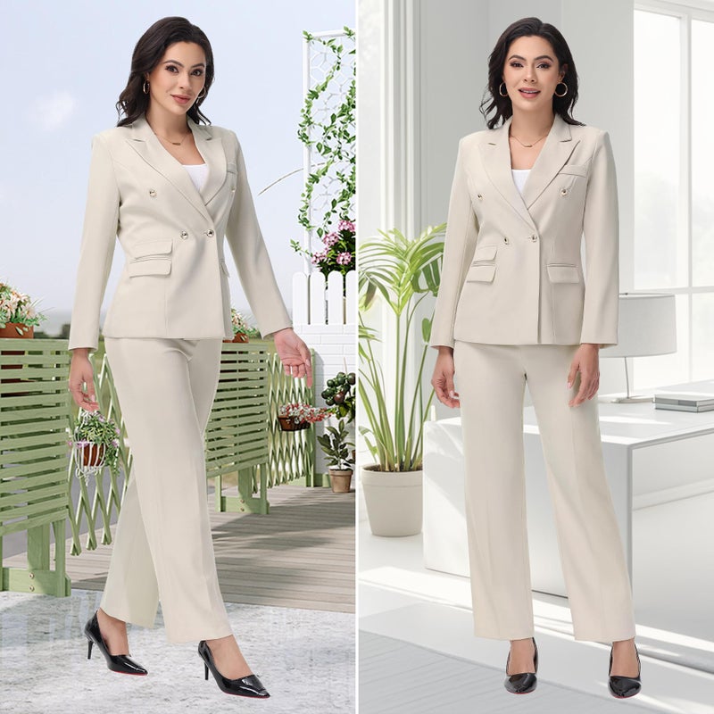 TRONSTORE Women's Suiting Pants Suits for Women Dressy Double-Breasted Blazer Business Casual Outfits-Apricot-XL - Image 5