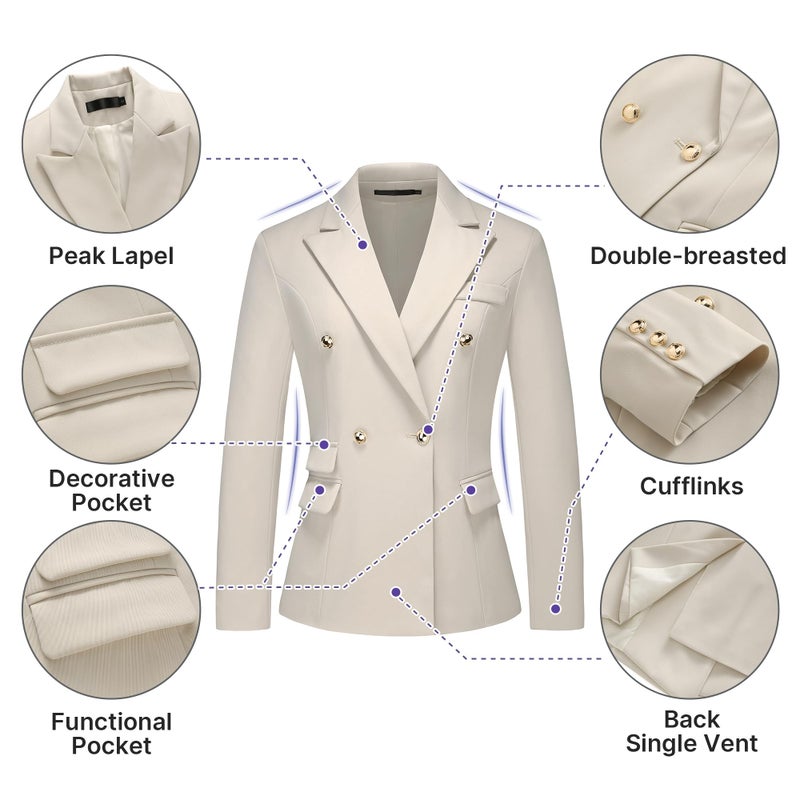 TRONSTORE Women's Suiting Pants Suits for Women Dressy Double-Breasted Blazer Business Casual Outfits-Apricot-XL - Image 2