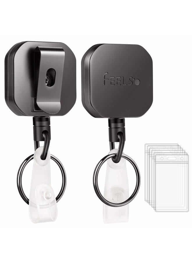 FEELSO Badge Holder Reel Retractable, Metal Heavy Duty Badge Holder with Belt Clip Key Ring and 6pcs Plastic ID Card Holders, Steel Wire Cord Up to 25 inch (2 Pack) - Image 1