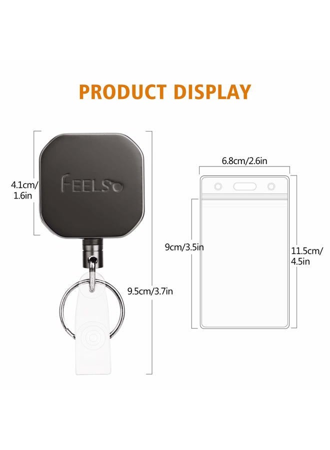 FEELSO Badge Holder Reel Retractable, Metal Heavy Duty Badge Holder with Belt Clip Key Ring and 6pcs Plastic ID Card Holders, Steel Wire Cord Up to 25 inch (2 Pack) - Image 5