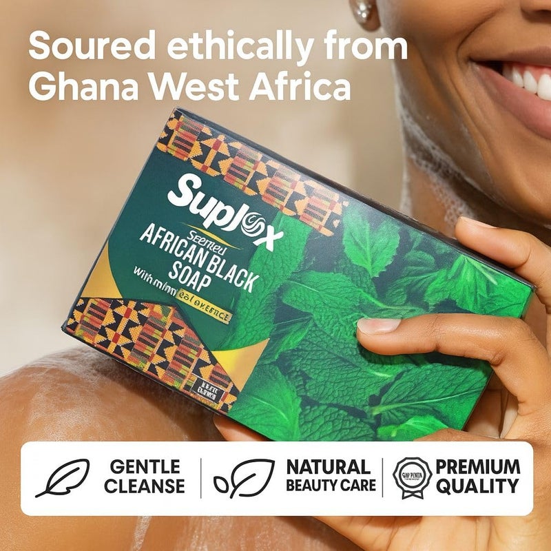 Suplox Raw natural authentic organic African black soap bar for acne and dark spots face and body ghana black african soap scented with mint - Image 2