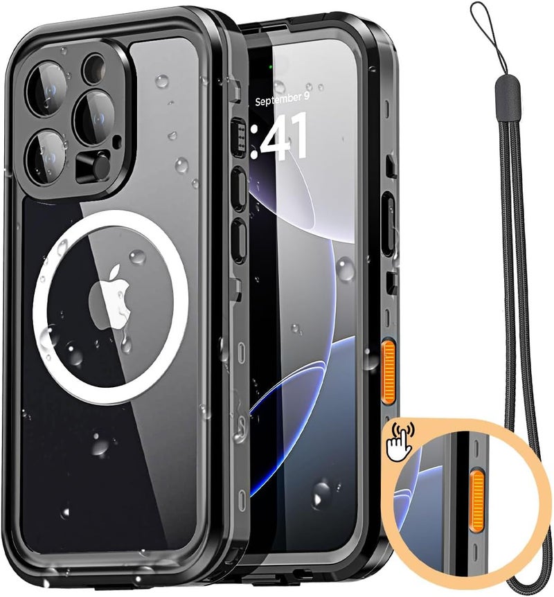 ايه اي كيس حافظة AICase المقاومة للماء المتوافقة مع iPhone 16 Pro مع MagSafe، مقاومة للثلج والغبار والصدمات، حاصلة على شهادة IP68، حماية كاملة للجسم، غطاء مغلق تمامًا تحت الماء - أسود - Image 1