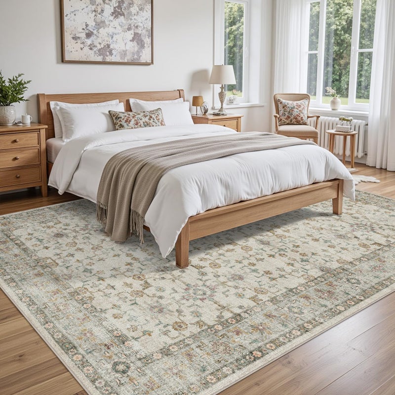 DEXI Area Rugs for Living Room, 5x8 Washable Low Pile Vintage Rug for Bedroom, Non Slip Indoor Carpet for Dining Office Nursery, Beige Cream - Image 3
