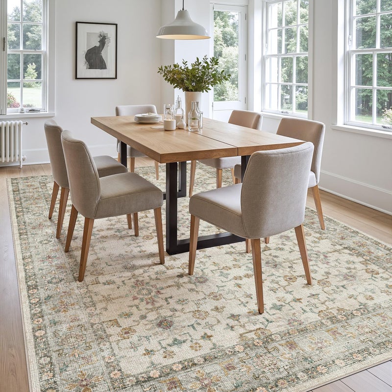 DEXI Area Rugs for Living Room, 5x8 Washable Low Pile Vintage Rug for Bedroom, Non Slip Indoor Carpet for Dining Office Nursery, Beige Cream - Image 4