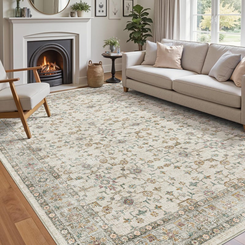 DEXI Area Rugs for Living Room, 5x8 Washable Low Pile Vintage Rug for Bedroom, Non Slip Indoor Carpet for Dining Office Nursery, Beige Cream - Image 1