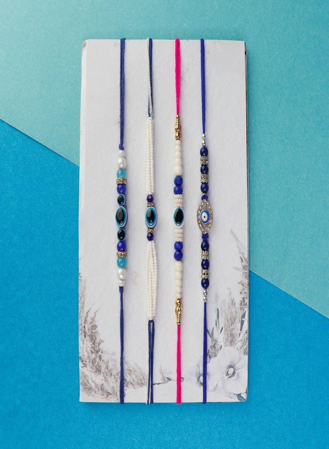 Toris Pack of 4 Evil eye Rakhi Set Comes with Tilak set, Greeting card in Elegant Blue Shade – Thoughtful Rakhi Gift with Traditional Charm and Style - Image 2