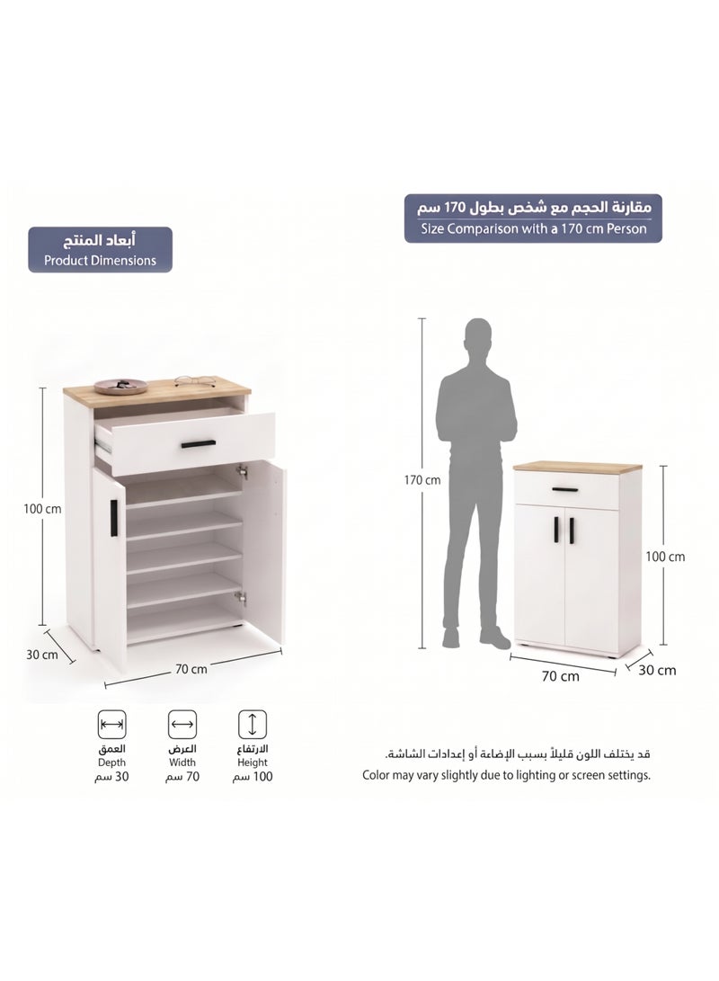 Furniture Store Modern shoe rack/shoe cabinet with a wide drawer and 5 shelves, MDF, in light wood color with white, high-quality finish, from Furniture Store. - Image 2