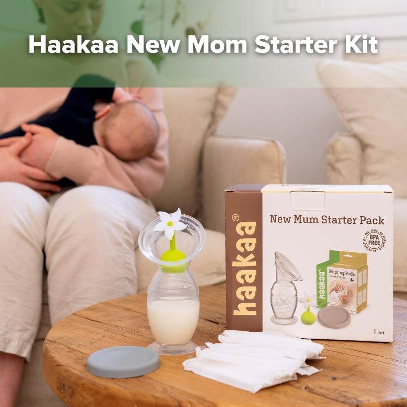 haakaa New Mum Starter Pack, Silicone Manual Breast Pump with Silicone Cap & Flower Stopper (5oz/150ml), Disposable Nursing Pads 36 Count for Breastfeeding - Image 2