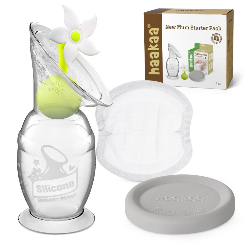 haakaa New Mum Starter Pack, Silicone Manual Breast Pump with Silicone Cap & Flower Stopper (5oz/150ml), Disposable Nursing Pads 36 Count for Breastfeeding - Image 1