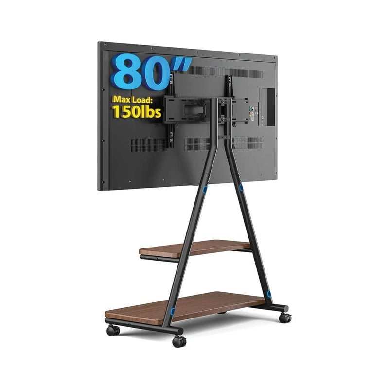 Mobile TV Stand for 43-80 Inch TVs up to 150lbs, Mobile TV Cart on Wheels with Dual Storage Shelves, Outdoor TV Stand with Tilt & Swivel Adjustment for Optimal Viewing Angles, Heavy Duty Rolling TV Stand with VESA 600 x 400 mm, Black | MT6001