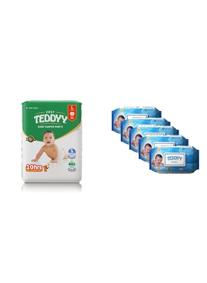 TEDDYY Baby Easy Pant Diapers Large 62 Count Pack of 1 & Baby Wet Wipes With Lid 72s Pack of 5 - Image 1