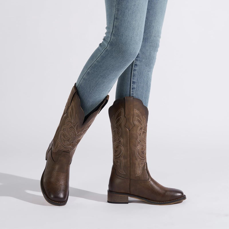 Rollda Cowgirl Boots Cowboy Boots for Women Square Toe Mid Calf Western Boots Ladies Fashion Boots with Chunky Heel Bronze Size 8.5 - Image 4
