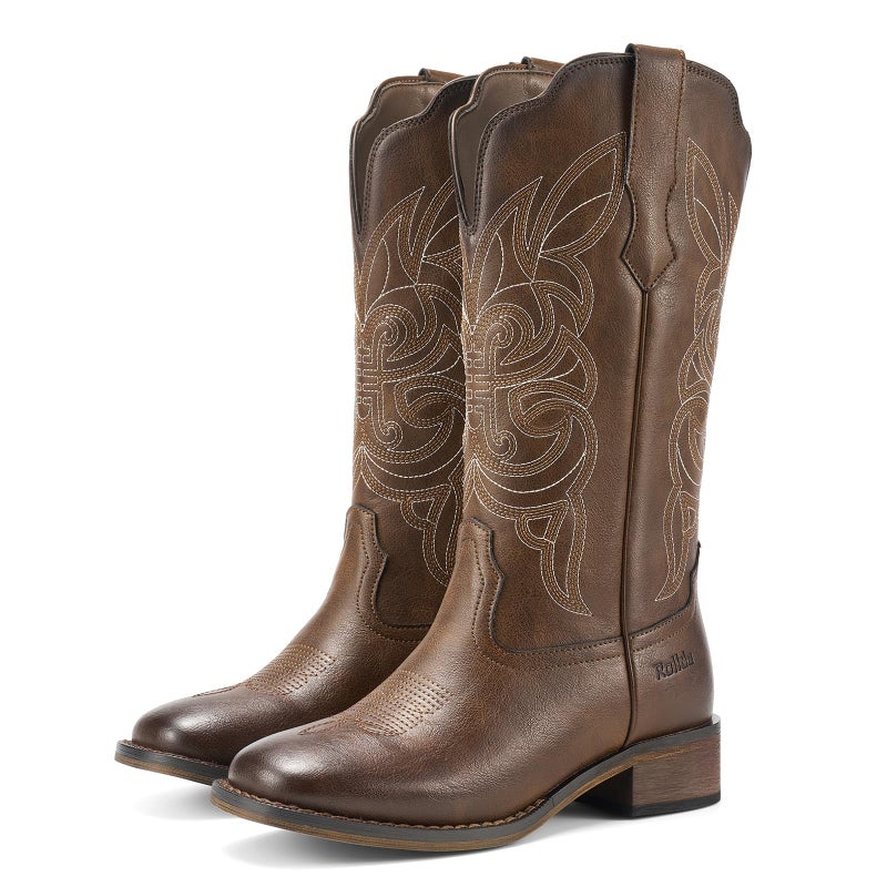 Rollda Cowgirl Boots Cowboy Boots for Women Square Toe Mid Calf Western Boots Ladies Fashion Boots with Chunky Heel Bronze Size 8.5 - Image 1