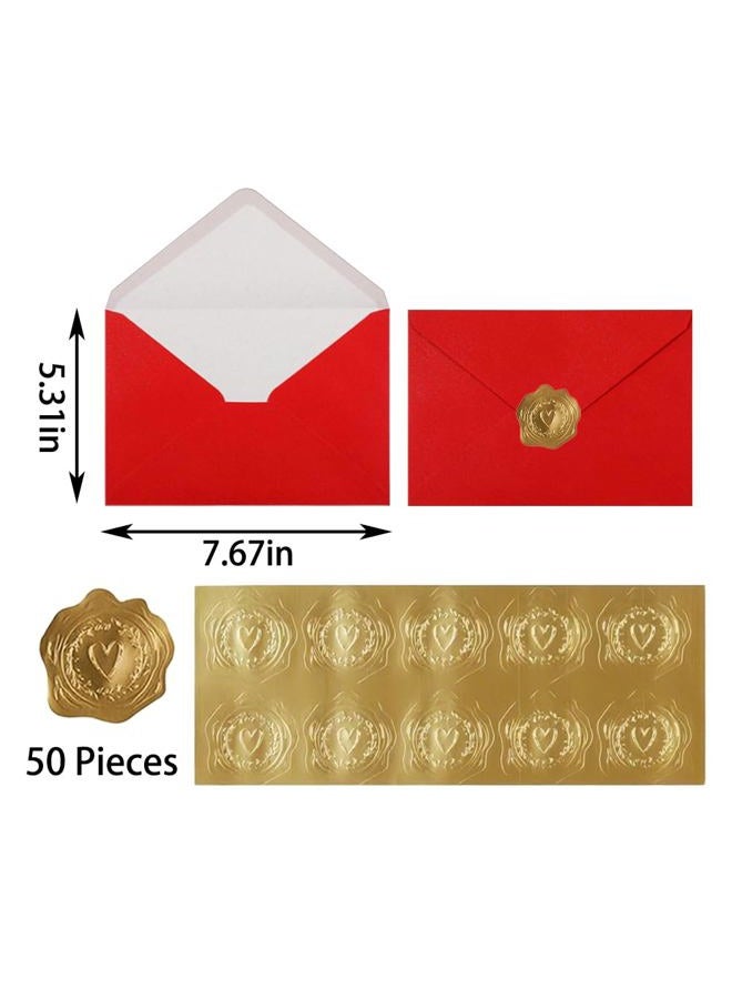 UoeRing 50 Pcs Red Self Seal A7 Envelopes 5x7 Inches (5.31×7.67in) - Printable & Handwritten Friendly, Includes 50 Matte Gold Premium Sealing Stickers - Image 2
