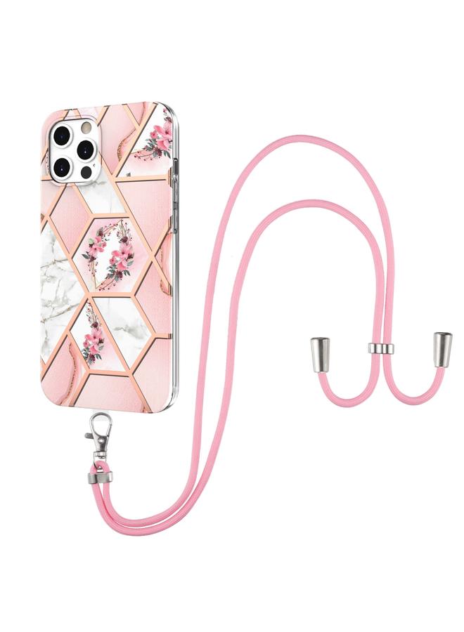 زبون جراب لهاتف iPhone 12 / 12 Pro مصنوع من مادة TPU المقاومة للصدمات بتصميم زهرة رخامية مطلية بالكهرباء مع حبل - Image 1