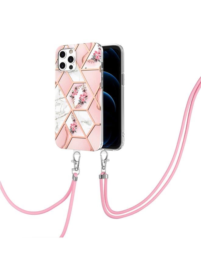 زبون جراب لهاتف iPhone 12 / 12 Pro مصنوع من مادة TPU المقاومة للصدمات بتصميم زهرة رخامية مطلية بالكهرباء مع حبل - Image 2