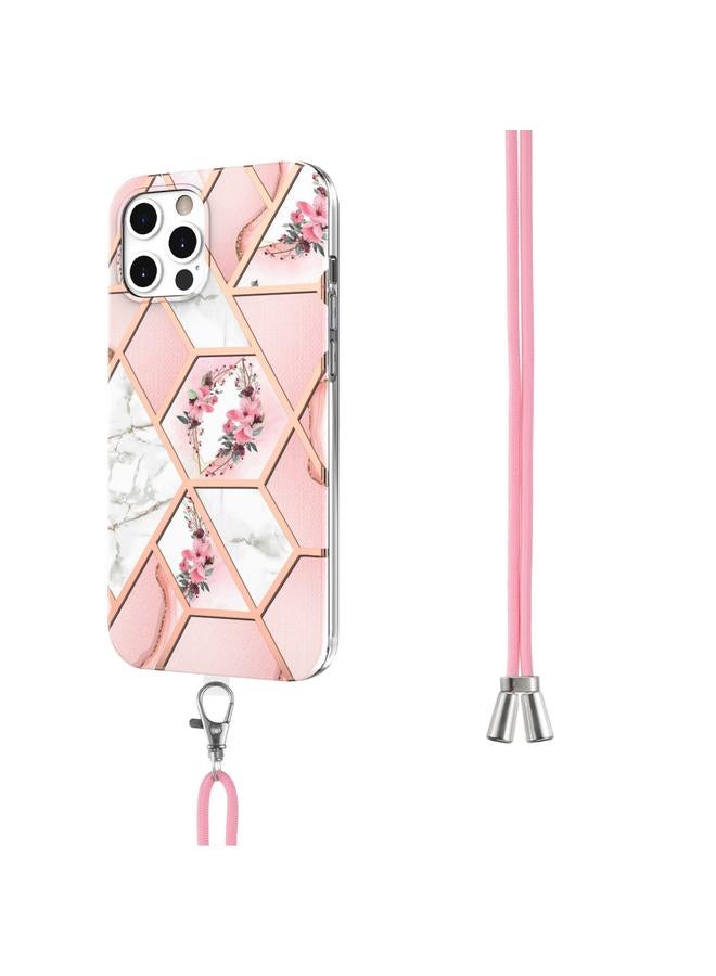 زبون جراب لهاتف iPhone 12 / 12 Pro مصنوع من مادة TPU المقاومة للصدمات بتصميم زهرة رخامية مطلية بالكهرباء مع حبل - Image 3