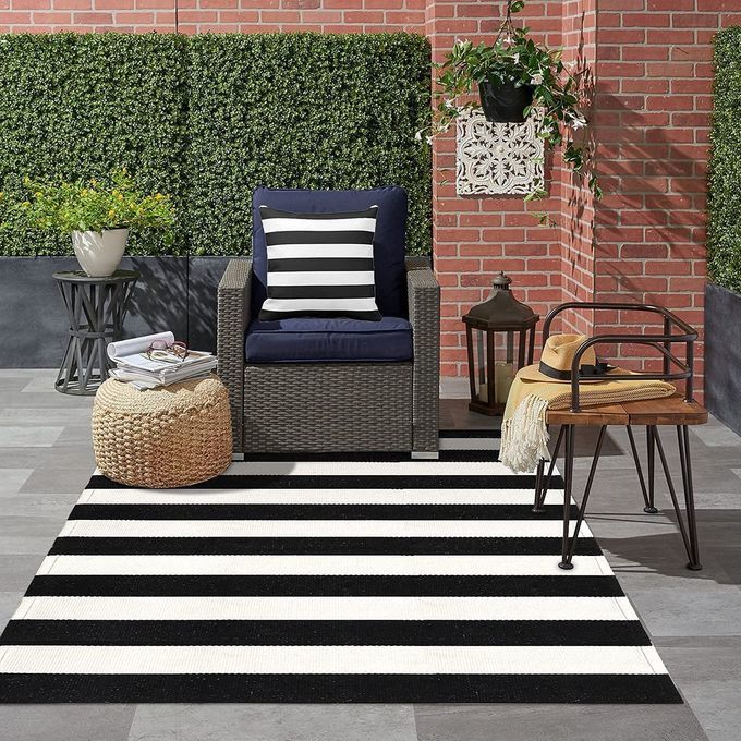 LEEVAN Black and White Outdoor Rug 3X5 Cotton Washable Striped Patio Rugs Hand Woven Front Door Mat Reversible Entryway Rug Farmhouse Black Floor Carpet for BalconyCourtyardEntrance