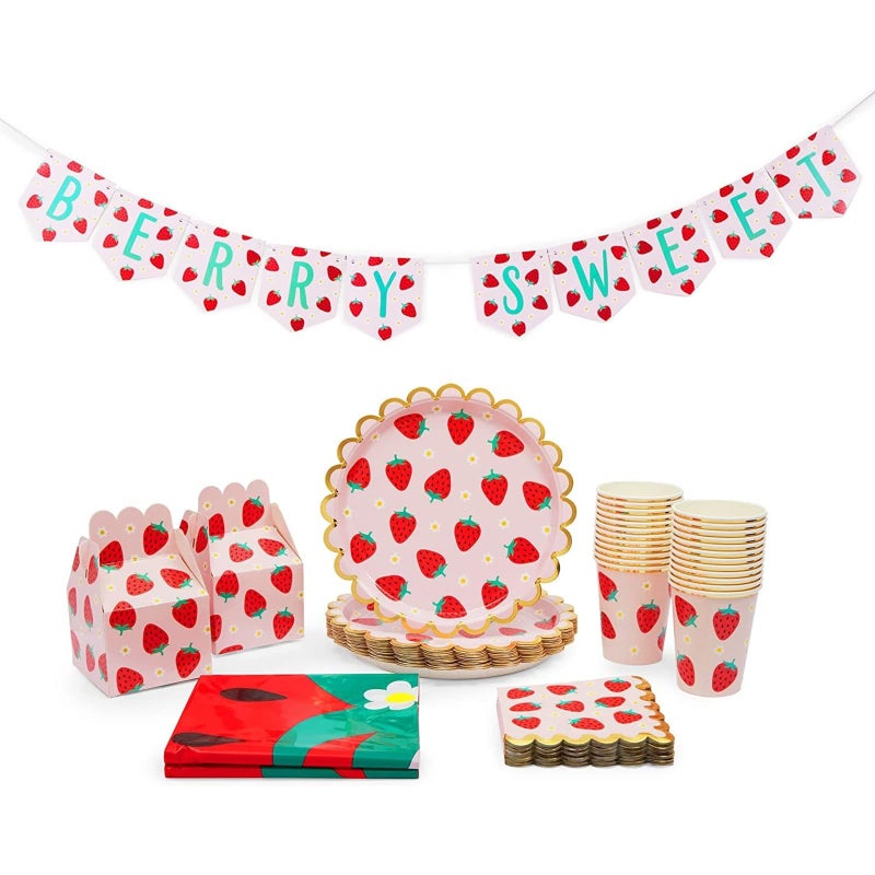 Sparkle and Bash Strawberry Tablecloth  Birthday Party Decorations Set  87Piece Pink DaisyPrint Plates Cups Napkins  Favor Boxes  Banner  Party Supplies