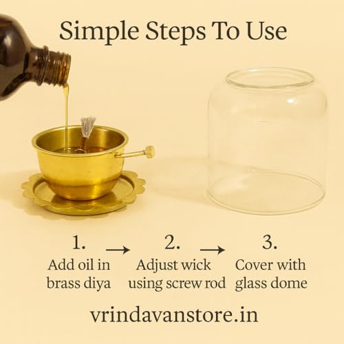Vrindavanstore.in Brass Oil Diya with Thick Glass Cover | 10×10 cm Windproof Smokeless for Home Mandir & Daily Pooja | Adjustable Wick Holder | Spill-Safe Brass Diya for Aarti, Temple, & Festive Use - Image 3