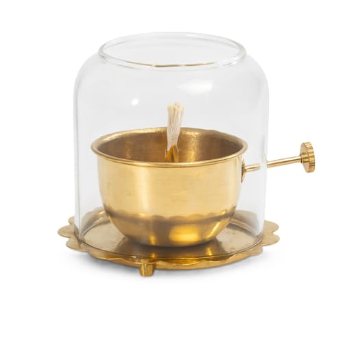 Vrindavanstore.in Brass Oil Diya with Thick Glass Cover | 10×10 cm Windproof Smokeless for Home Mandir & Daily Pooja | Adjustable Wick Holder | Spill-Safe Brass Diya for Aarti, Temple, & Festive Use - Image 1