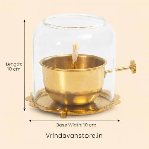 Vrindavanstore.in Brass Oil Diya with Thick Glass Cover | 10×10 cm Windproof Smokeless for Home Mandir & Daily Pooja | Adjustable Wick Holder | Spill-Safe Brass Diya for Aarti, Temple, & Festive Use - Image 2