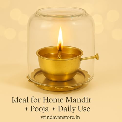 Vrindavanstore.in Brass Oil Diya with Thick Glass Cover | 10×10 cm Windproof Smokeless for Home Mandir & Daily Pooja | Adjustable Wick Holder | Spill-Safe Brass Diya for Aarti, Temple, & Festive Use - Image 5