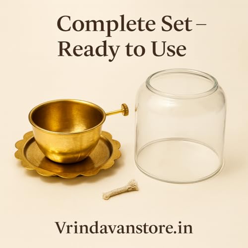 Vrindavanstore.in Brass Oil Diya with Thick Glass Cover | 10×10 cm Windproof Smokeless for Home Mandir & Daily Pooja | Adjustable Wick Holder | Spill-Safe Brass Diya for Aarti, Temple, & Festive Use - Image 4