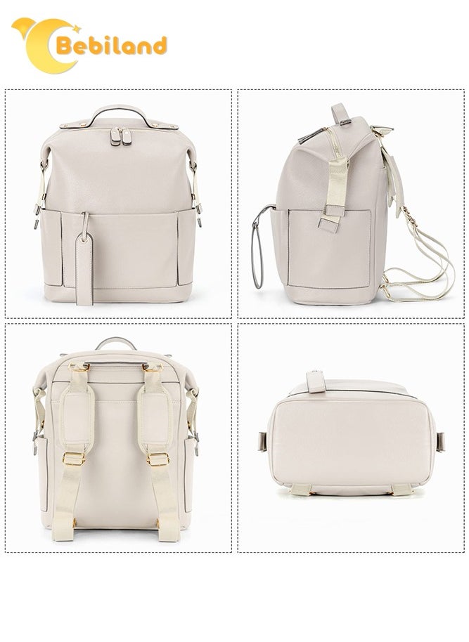 Bebiland 5-in-1 PU Leather Diaper Bag Backpack with Changing Pad, Cosmetic Bag and 2 Stroller Straps, Large Capacity, Waterproof, Stylish Travel Baby Bag for Mom (White)  - Image 4