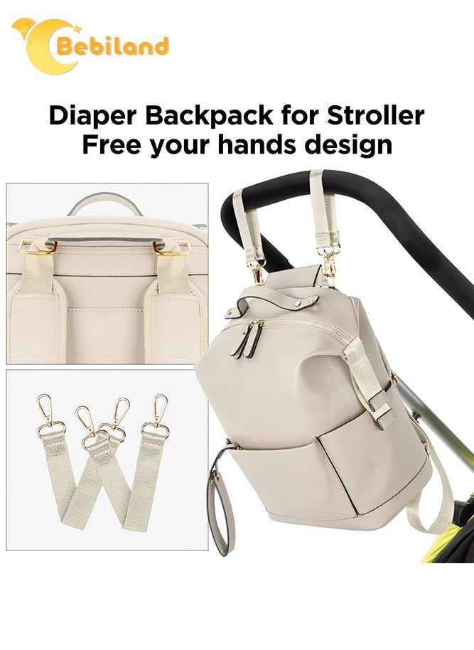 Bebiland 5-in-1 PU Leather Diaper Bag Backpack with Changing Pad, Cosmetic Bag and 2 Stroller Straps, Large Capacity, Waterproof, Stylish Travel Baby Bag for Mom (White)  - Image 2