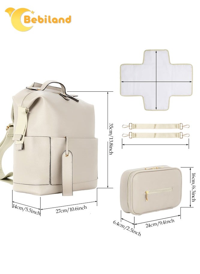 Bebiland 5-in-1 PU Leather Diaper Bag Backpack with Changing Pad, Cosmetic Bag and 2 Stroller Straps, Large Capacity, Waterproof, Stylish Travel Baby Bag for Mom (White)  - Image 3