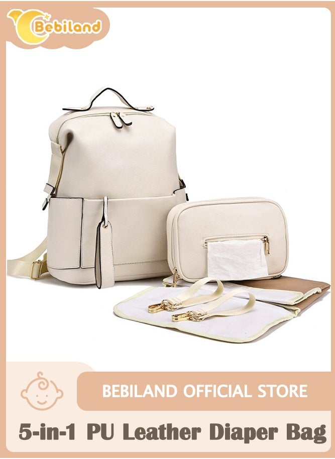 Bebiland 5-in-1 PU Leather Diaper Bag Backpack with Changing Pad, Cosmetic Bag and 2 Stroller Straps, Large Capacity, Waterproof, Stylish Travel Baby Bag for Mom (White)  - Image 1