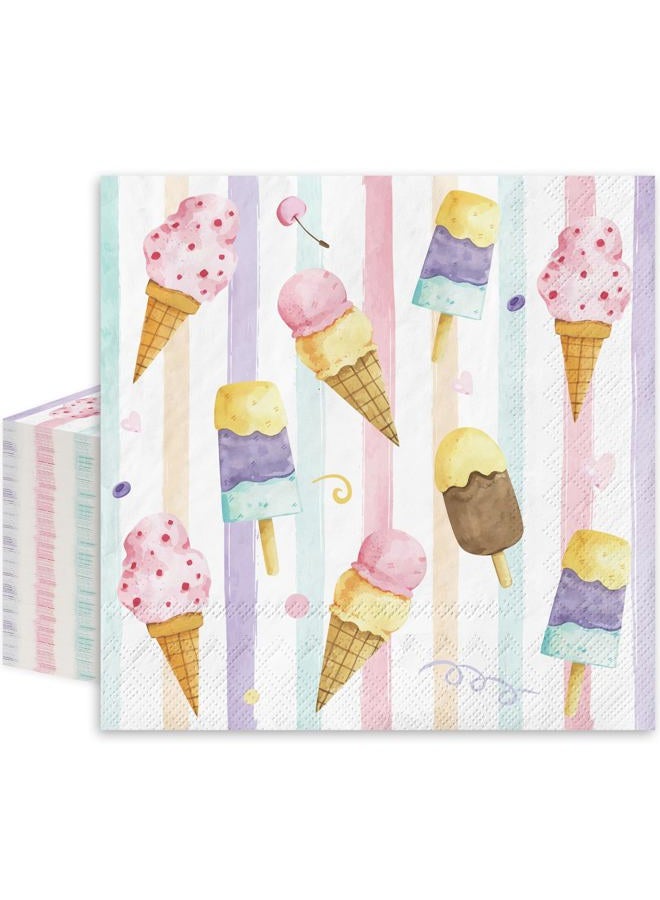 JarThenaAMCS 80Pcs Ice Cream Paper Napkins Watercolor Beverage Popsicle Disposable Napkins Luncheon Dinner Dessert Napkins for Summer Ice Cream Theme Birthday or Baby Shower Party Supplies - Image 1