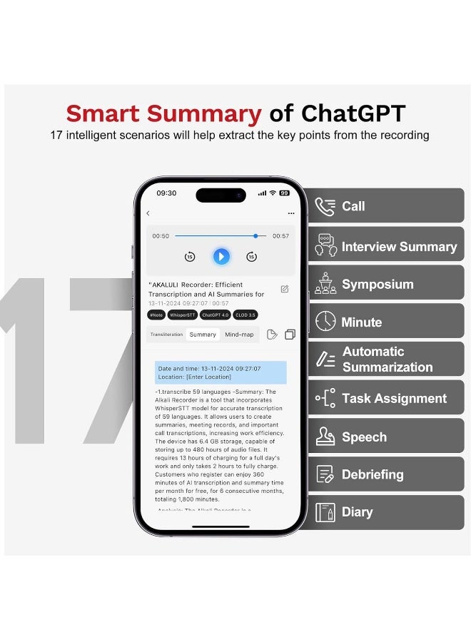 KADIP AI Voice Recorder with Transcription Summarize - Magnetic Note Audio Recording Device with Playback for Phone Calls Lectures Meetings Interviews, APP Control Support 104 Languages Noise Reduction 64GB Memory - Image 4