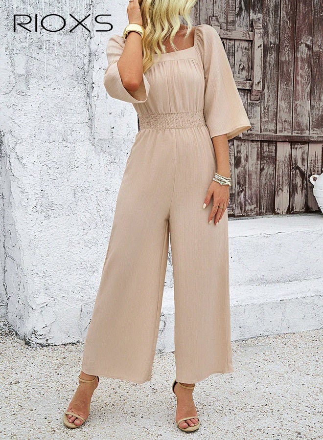 RIOXS Women's One Piece Jumpsuits, Casual Loose Square-neck Smocked Waist Jumpsuits with 3/4 Sleeves, Summer Wide Leg Elastic High Waist Pant Romper Jumpsuit for Wedding, Dating, Holiday, Weekend Getaways, Beige - Image 3